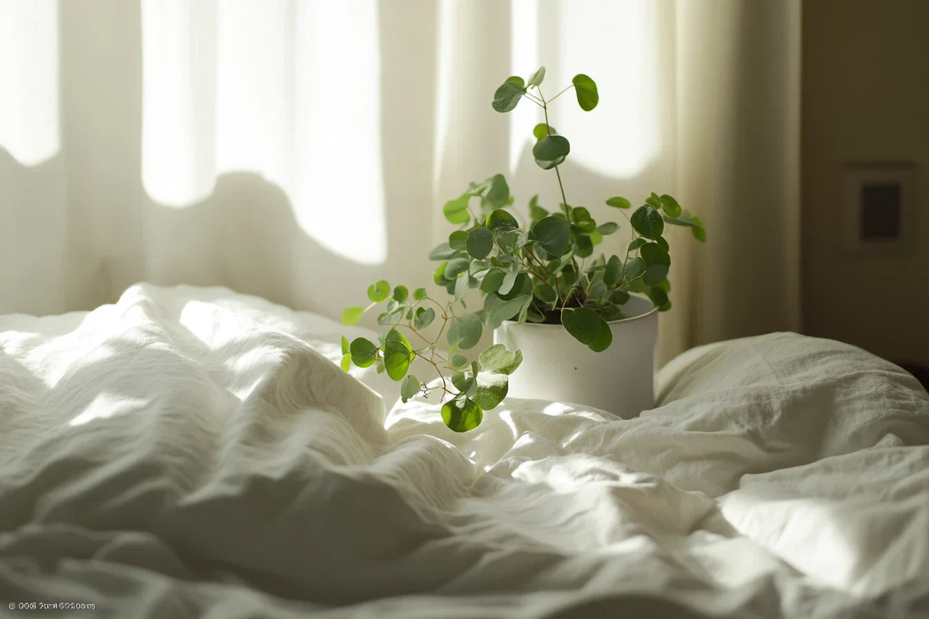 חדר שינה מרגיע עם מצעים רכים מבדים טבעיים ועציץ ירוק על רקע אור שמש חמים