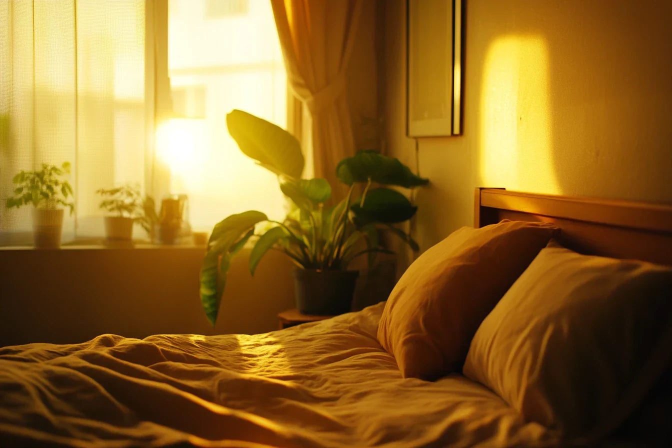 אווירת רוגע בחדר שינה עם מצעים מסיבים טבעיים המוארים באור שמש רך וממתינים לשינה עמוקה