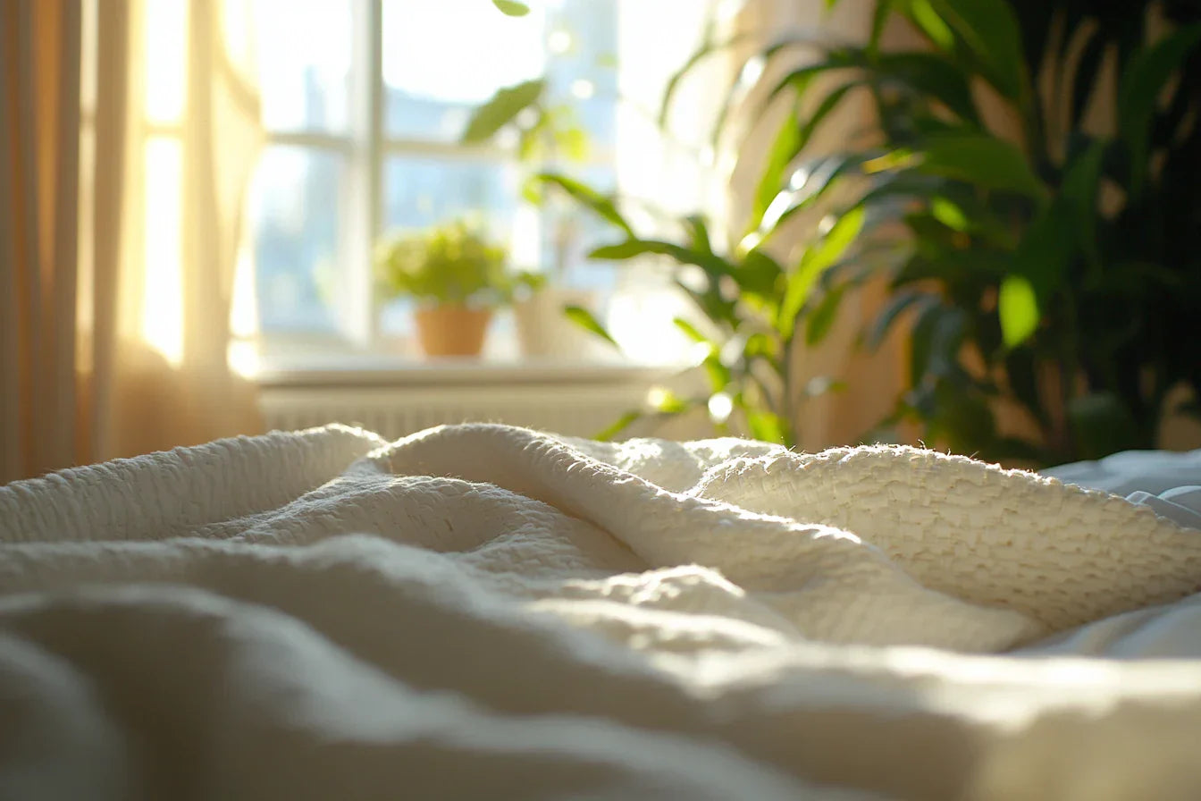 שמיכות במבוק איכותיות על מיטות נוחות עם תאורה טבעית ועציצים ירוקים ברקע